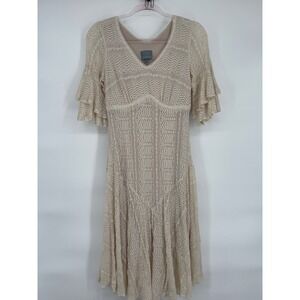 Rabbit Rabbit Dress Women's Sz 8 Beige Lace‎ Ruffle Sleeve Midi V Neck Boho